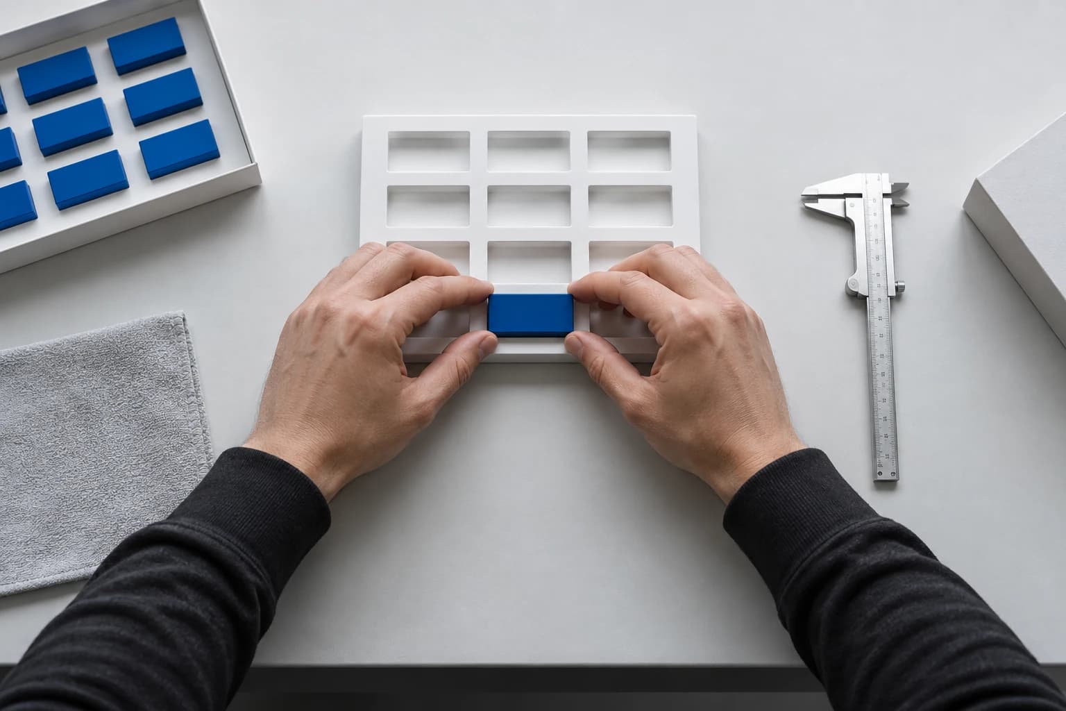 Concept illustration of first-person manual inspection: hands placing a blue component in a white tray.